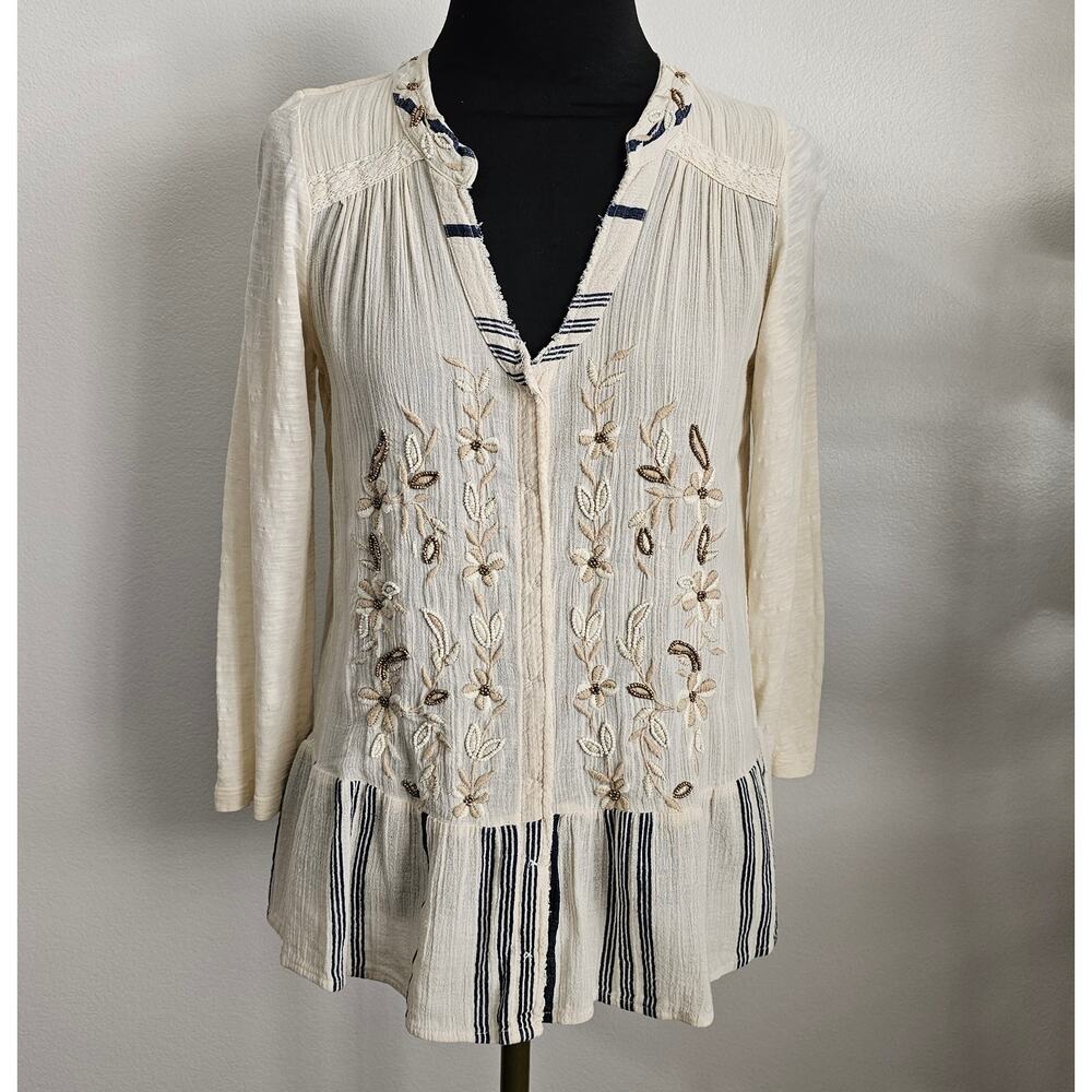 EUC Anthropologie C. Keer Spry Boundary Top Beaded Cotton Button Down Shirt S